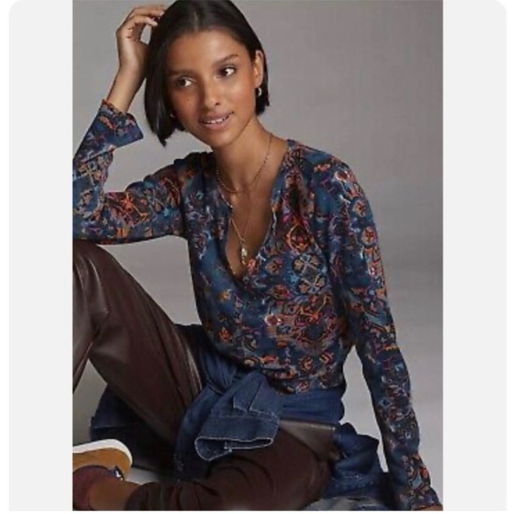 Pilcro Anthropologie Blue and Orange Patterned Long Sleeve Top - Picture 2 of 5